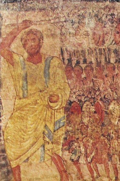 Wall painting showing Hebrews leaving Egypt, Dura Europos synagogue, 3rd c. CE, Wikimedia.