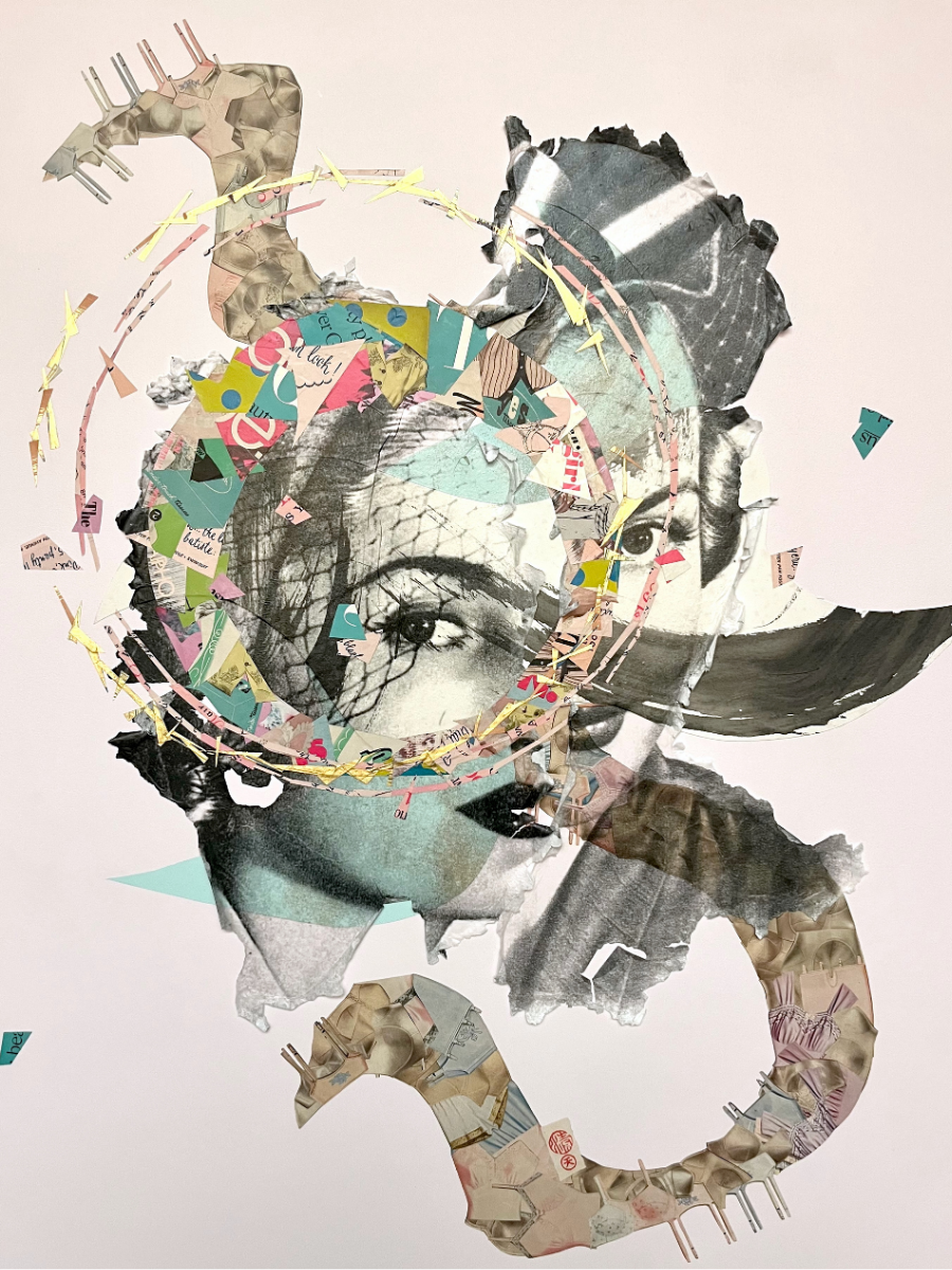 a woman's fragmented and collaged face